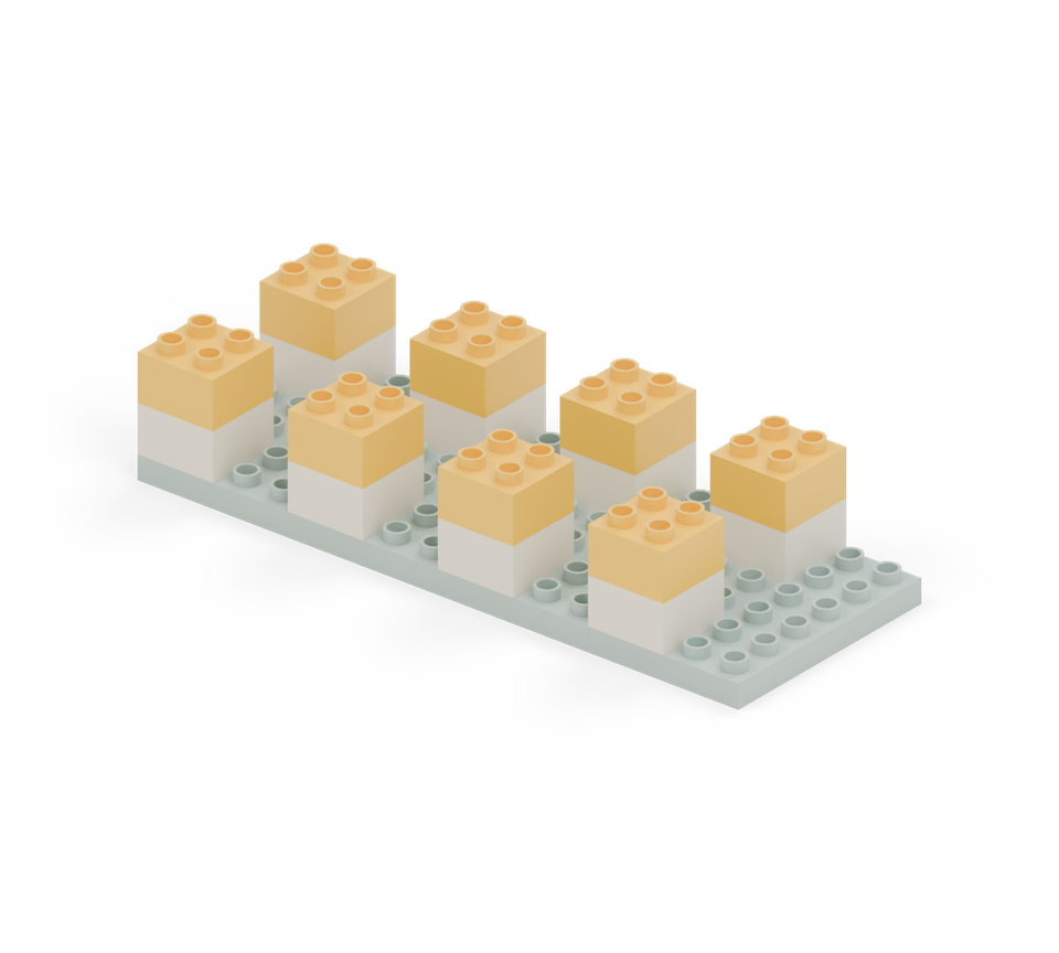 Add one yellow square brick directly above each cream pillar. Keep the gaps between the pillars clear. New additions are shown in their original colours; earlier pieces are lighter.