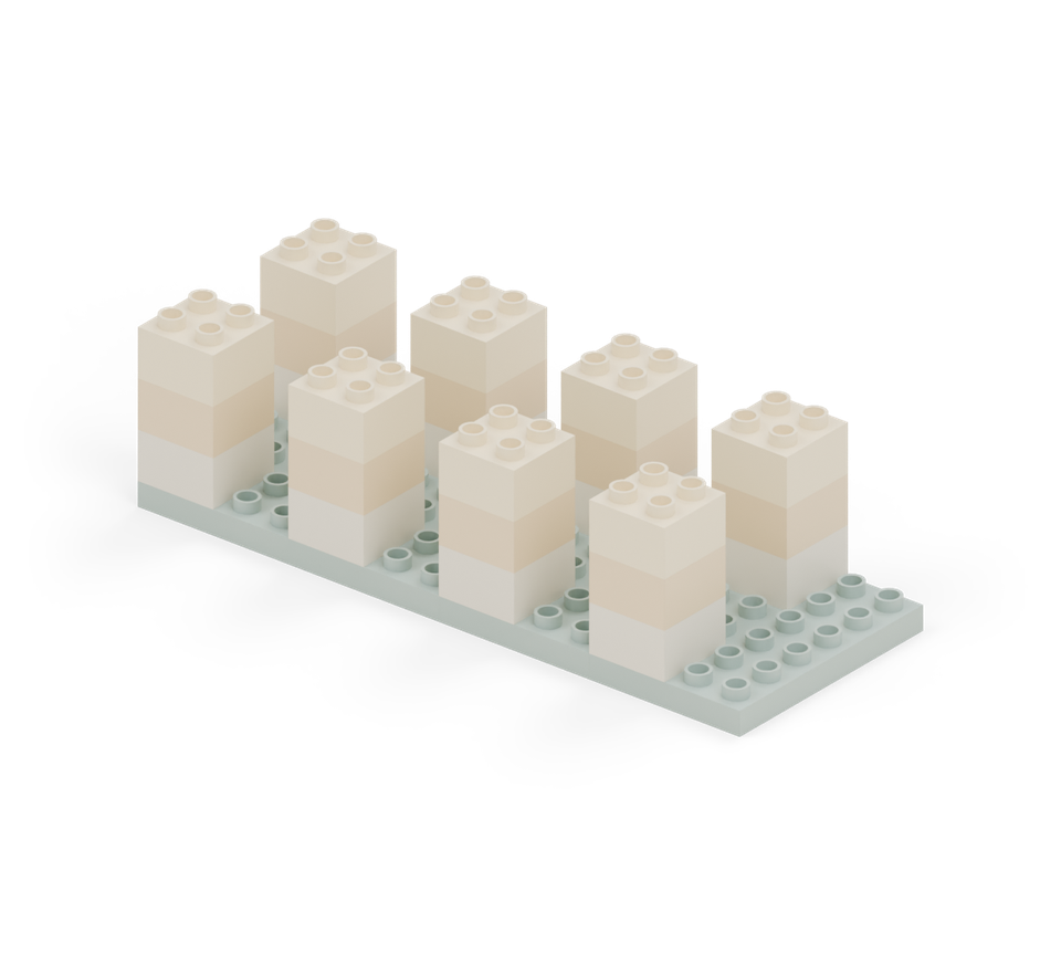 Add one cream square brick directly above each yellow brick. All eight pillars should now be three bricks high. New additions are shown in their original colours; earlier pieces are lighter.