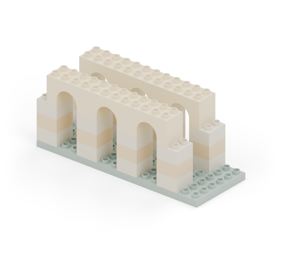Join the pillars with three cream arches along each side. Each arch starts one stud column in from its left pillar, sharing the middle pillars with its neighbour. New additions are shown in their original colours; earlier pieces are lighter.