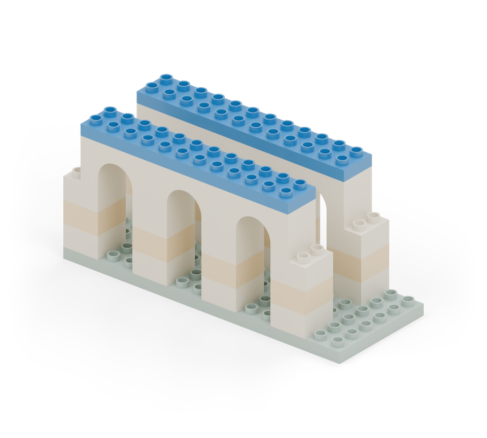 Lay two blue medium plates end to end over each row of arches, starting one stud column in from the left edge. New additions are shown in their original colours; earlier pieces are lighter.
