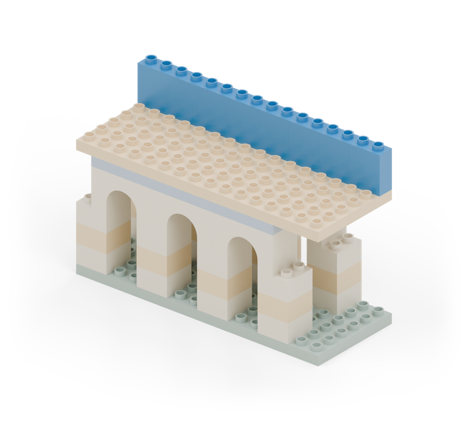 Add a row of blue wall bricks along the back edge of the deck, turned across the bridge. New additions are shown in their original colours; earlier pieces are lighter.