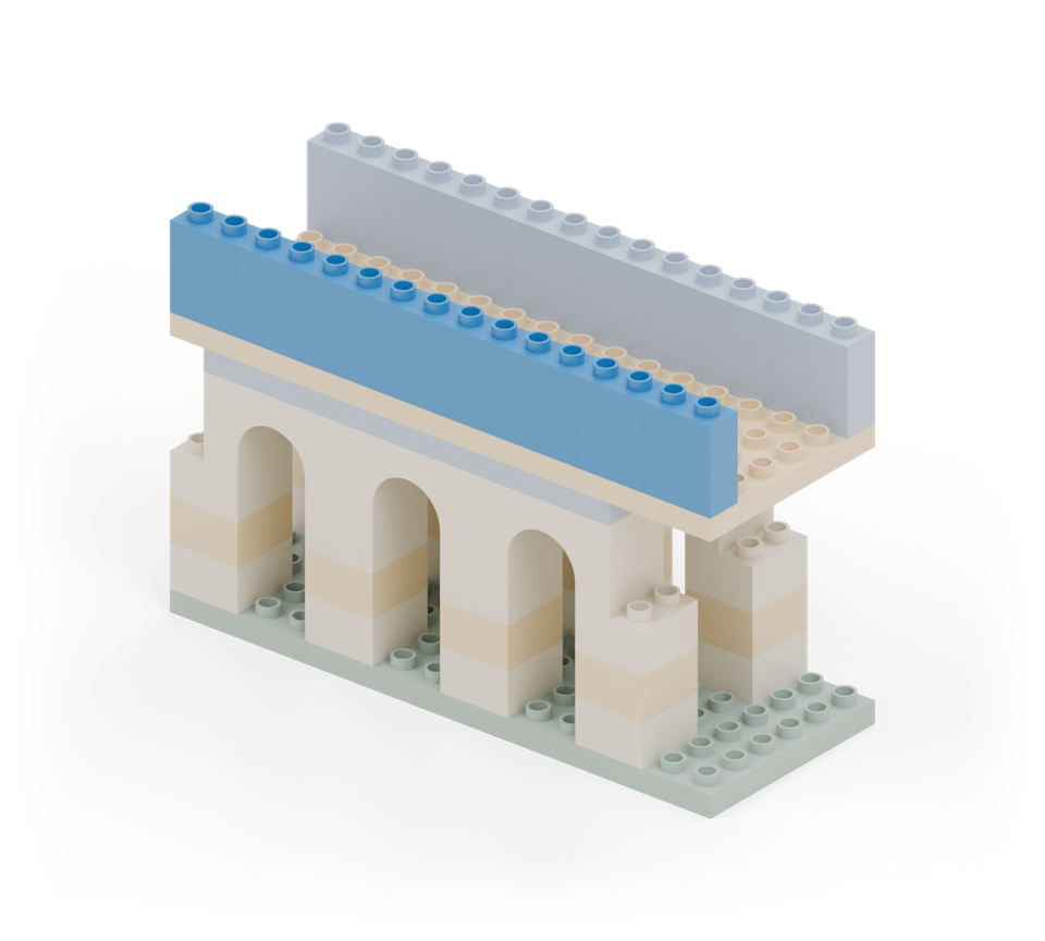 Add a row of blue wall bricks along the front edge of the deck, turned across the bridge. New additions are shown in their original colours; earlier pieces are lighter.