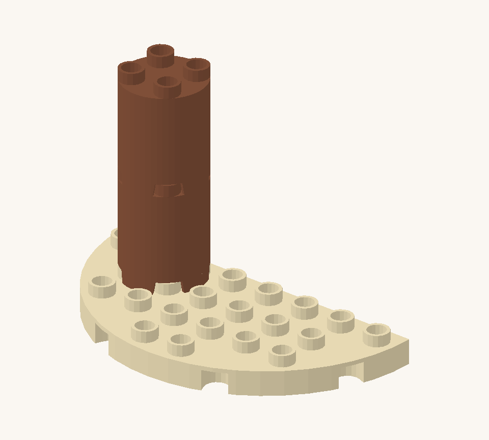 Build a palm trunk on the left with two brown round tower bricks, one above the other. New additions are shown in their original colours; earlier pieces are lighter.
