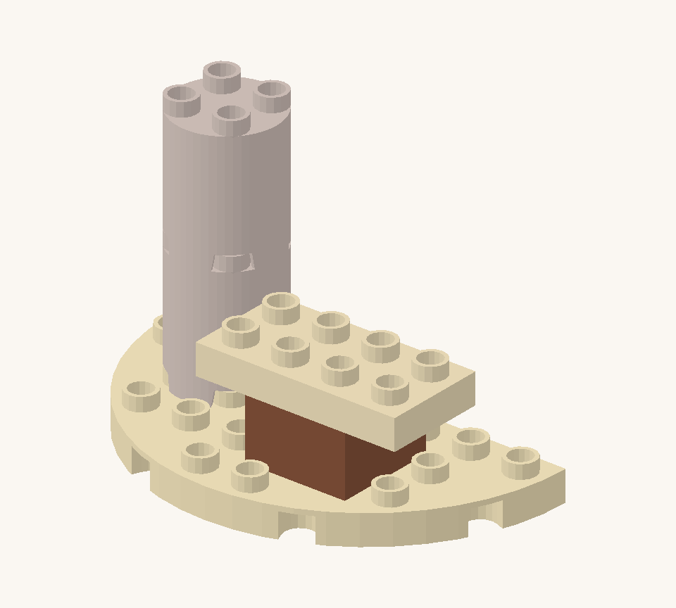 Put a brown square to the right of the trunk for the seat support. Add a cream small plate across it, with one stud column overhanging each side. New additions are shown in their original colours; earlier pieces are lighter.