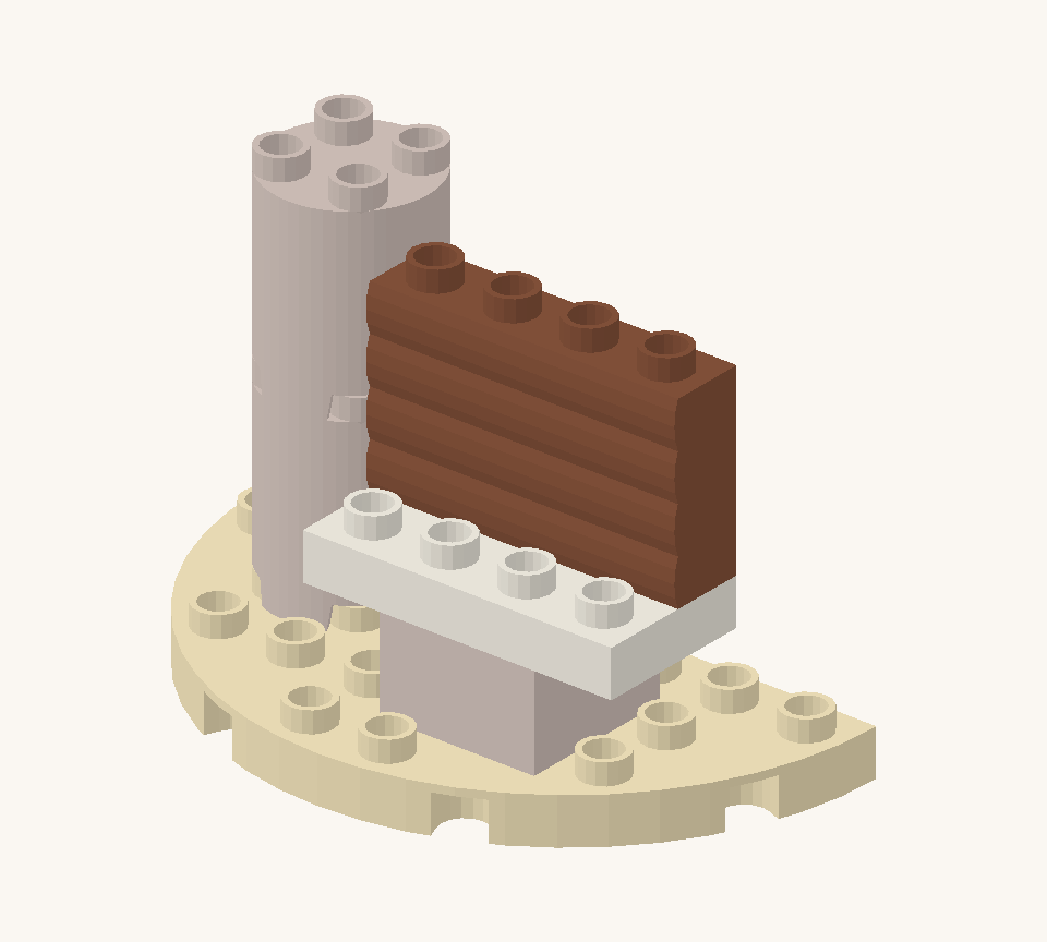 Add two brown log bricks along the back row of the seat for the backrest. The front row stays clear. New additions are shown in their original colours; earlier pieces are lighter.