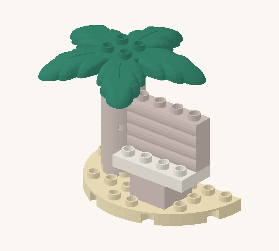 Finish the palm with the green leaves. Keep the wide canopy above the seat as you lower it onto the trunk. New additions are shown in their original colours; earlier pieces are lighter.