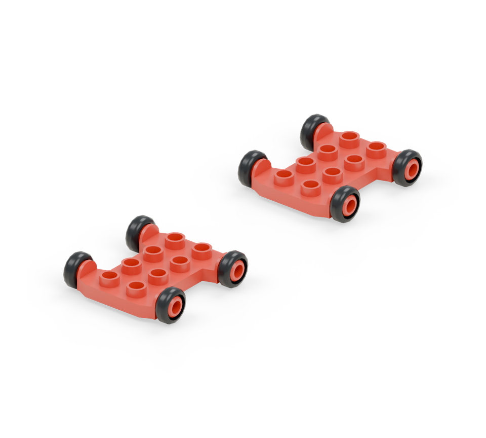 Set two red wheeled bases in a line, with a four-stud gap between them. Each base already includes four black wheels; keep the two rows of top studs running along the vehicle. New additions are shown in their original colours; earlier pieces are lighter.