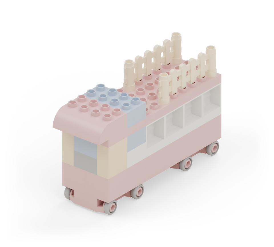 Make a roof equipment rack with two cream fences, one along each side. Keep a row clear between the rack and cab. New additions are shown in their original colours; earlier pieces are lighter.
