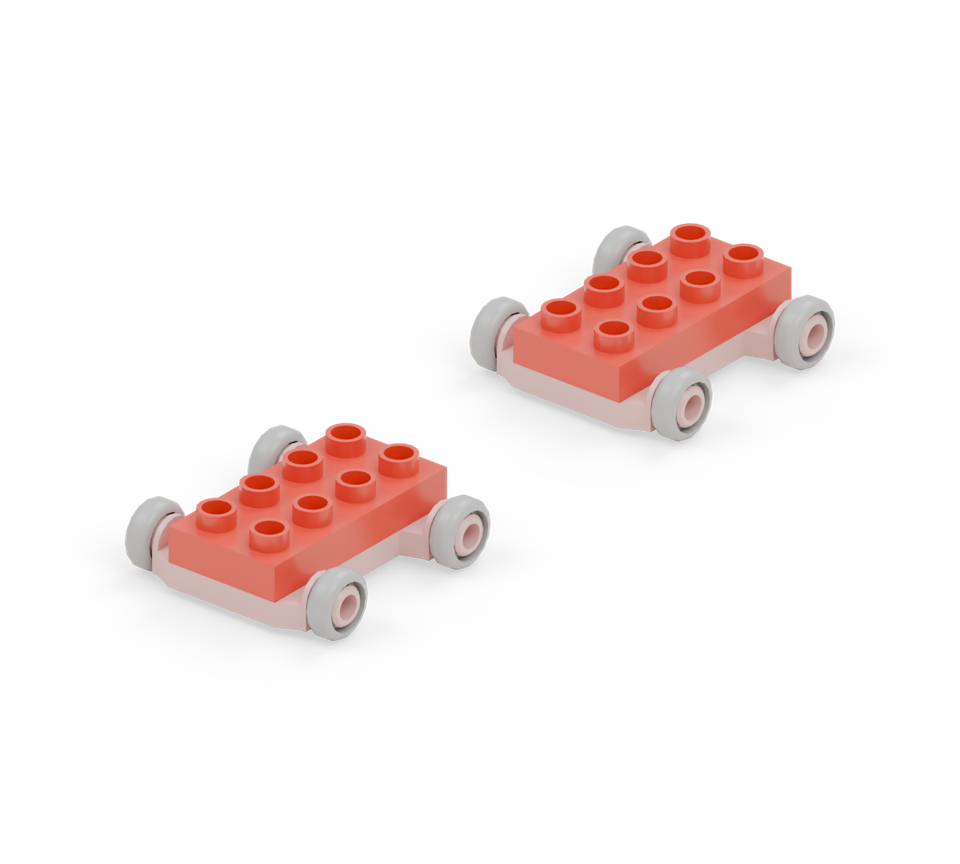 Place a red small plate on the eight studs of each chassis. These raise the body above the tyres. New additions are shown in their original colours; earlier pieces are lighter.