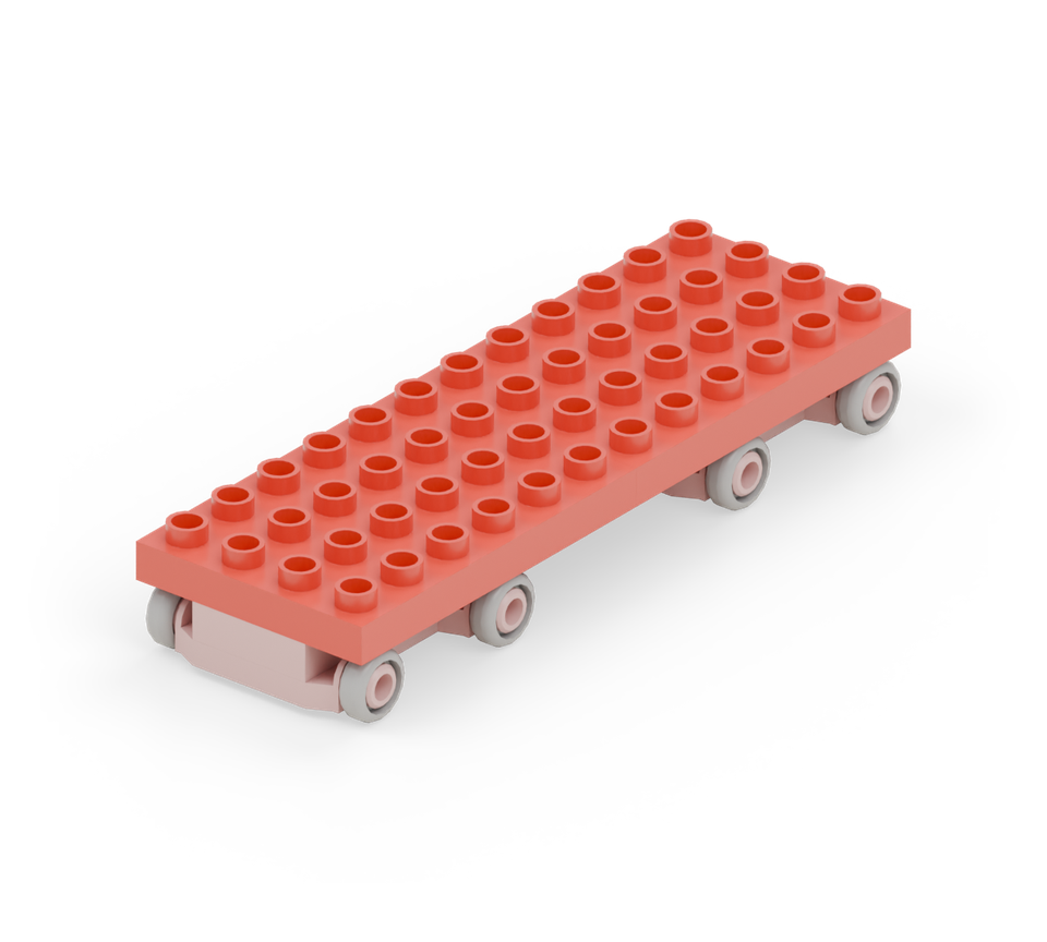 Make the body floor with two red wide plates, end to end. Each rests on one chassis and projects toward the middle, spanning twelve studs overall. New additions are shown in their original colours; earlier pieces are lighter.