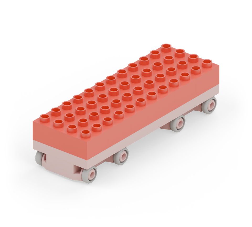 Join the middle seam with two red long bricks side by side, then fill the front and rear with eight red square bricks. Press the pieces across the seam into both floor plates. New additions are shown in their original colours; earlier pieces are lighter.