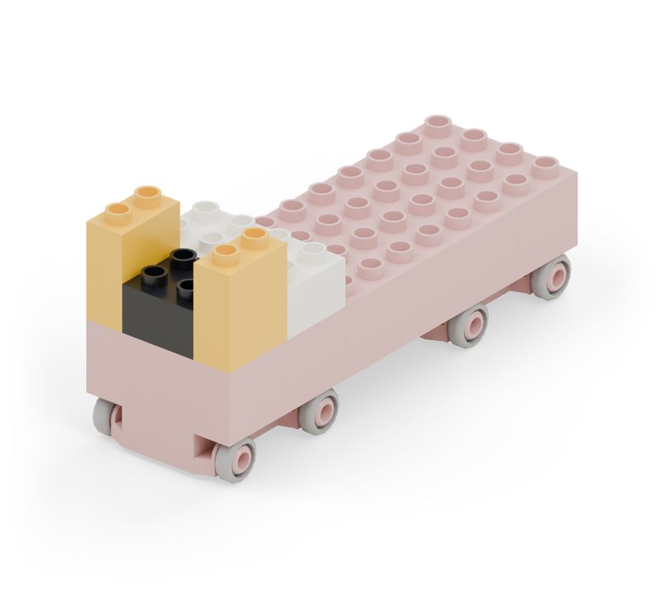 Add two white square bricks at the back of the cab. At the front, place a yellow wall brick at each side and a black square between them for the grille. New additions are shown in their original colours; earlier pieces are lighter.