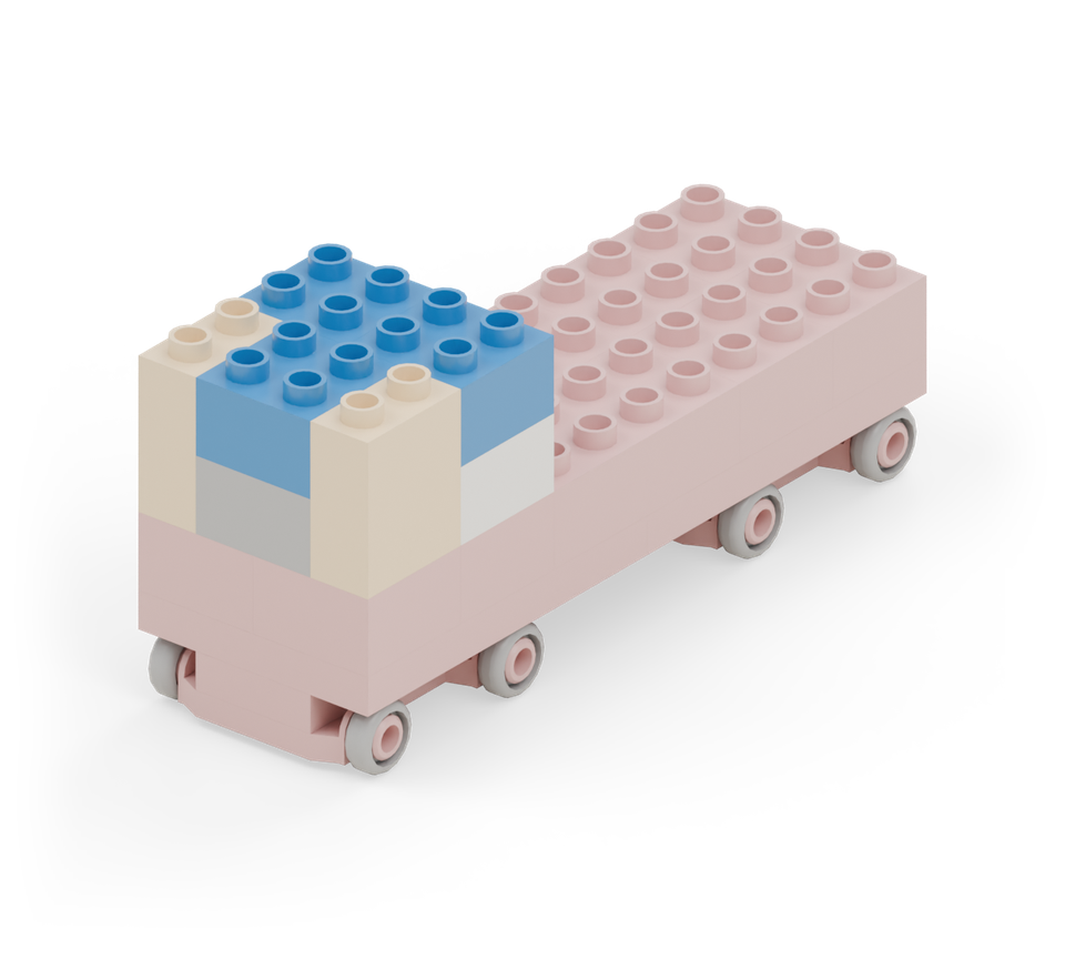 Add three blue square bricks for the cab windows: two above the white bricks and one over the black grille, between the yellow pillars. New additions are shown in their original colours; earlier pieces are lighter.