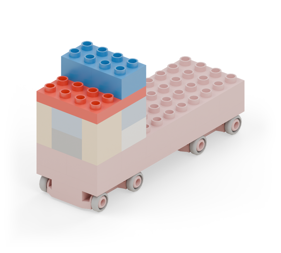 Roof the cab with a red square plate, then put two blue square lights along its back edge. New additions are shown in their original colours; earlier pieces are lighter.