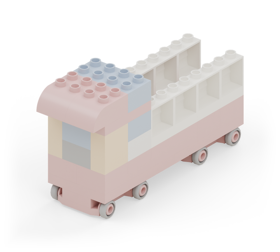 Build the rear equipment bay walls with eight white log bricks: four along each side. Their horizontal ridges suggest roller shutters. New additions are shown in their original colours; earlier pieces are lighter.