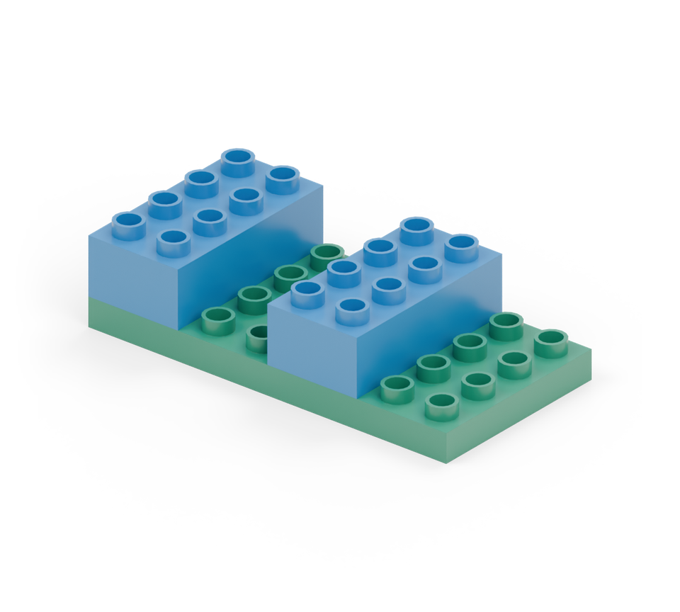 Turn the green base plate across the table. Place two blue long feet on it, leaving two stud columns between them. New additions are shown in their original colours; earlier pieces are lighter.