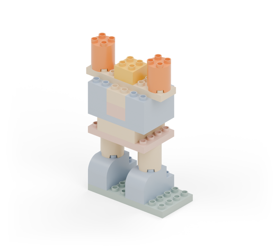 Make two raised arms with orange round bricks, one at each end of the shoulder plate. Add a yellow square neck in the centre. New additions are shown in their original colours; earlier pieces are lighter.