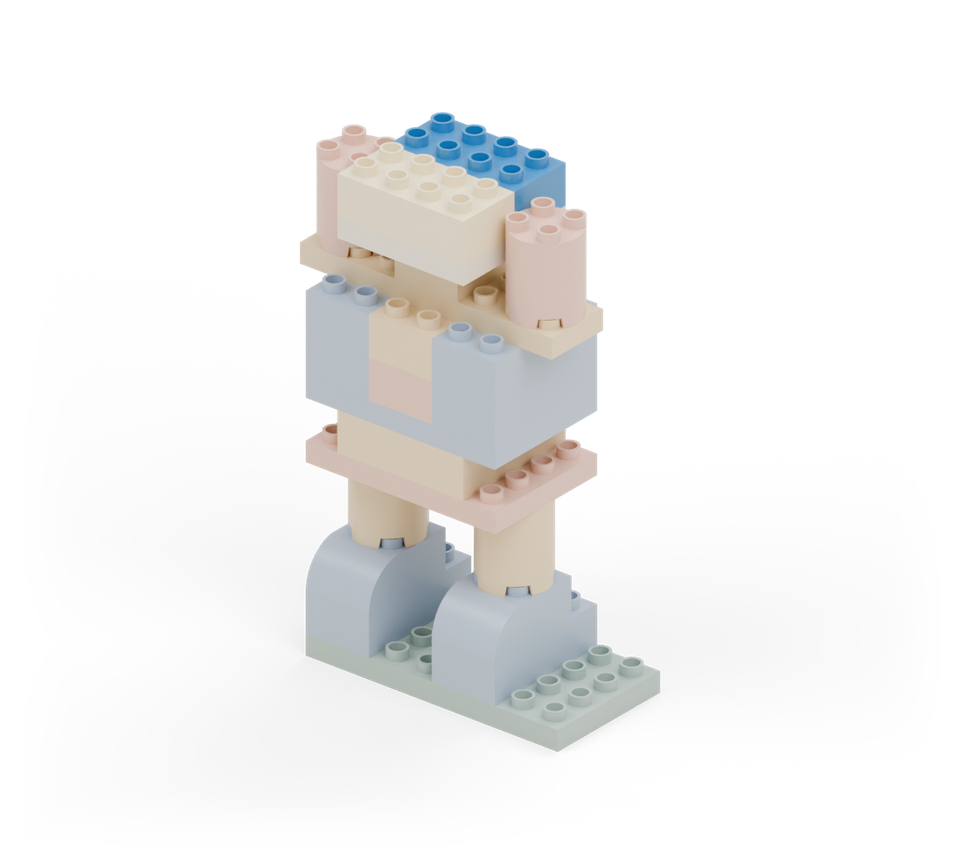 Make the head with four square bricks: two blue bricks at the back and two cream bricks at the front for the face. New additions are shown in their original colours; earlier pieces are lighter.