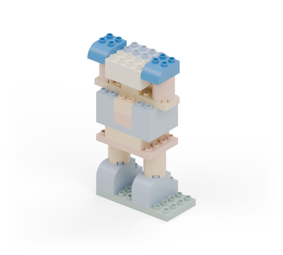 Give each raised arm a blue curved hand. New additions are shown in their original colours; earlier pieces are lighter.