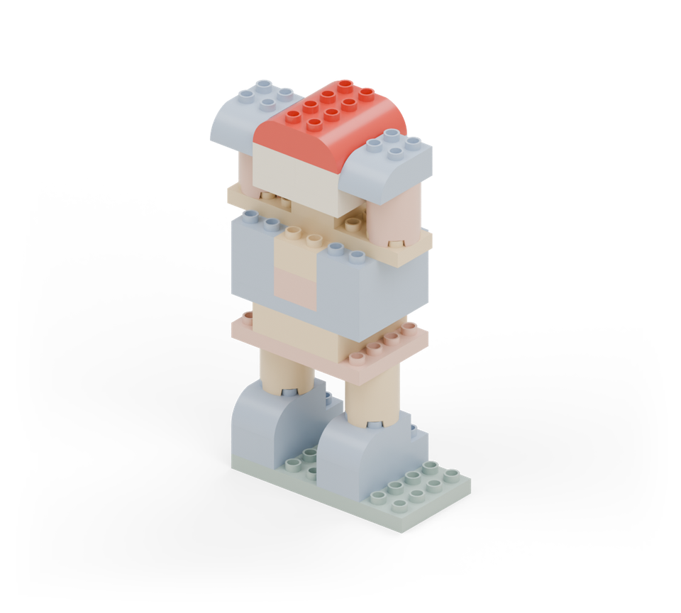 Finish the head with two red double-curved bricks turned across it. New additions are shown in their original colours; earlier pieces are lighter.