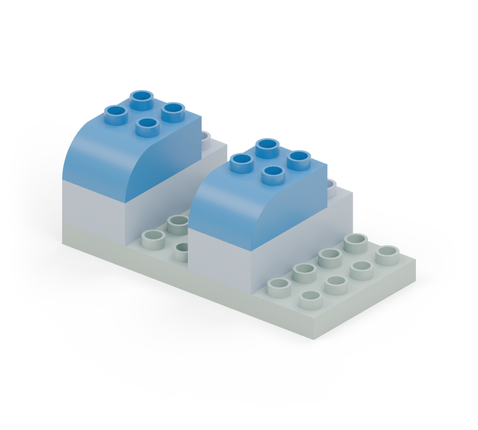 Add a blue curved toe to each foot, one row in from the back. New additions are shown in their original colours; earlier pieces are lighter.