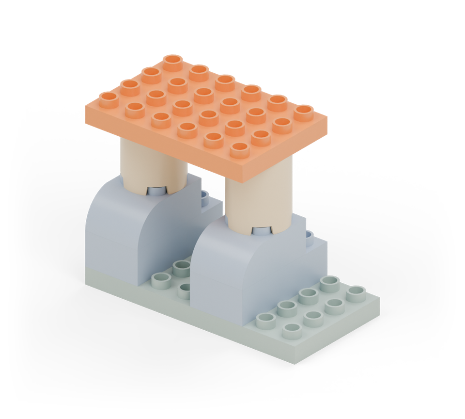 Turn an orange wide plate across the legs to make the hips. New additions are shown in their original colours; earlier pieces are lighter.