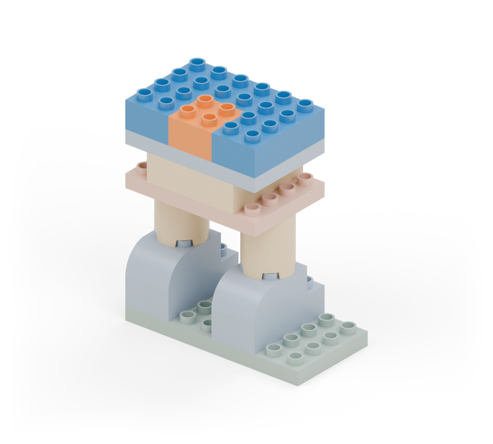 Make the first body layer with six squares. Use orange for the front middle button and blue around it. New additions are shown in their original colours; earlier pieces are lighter.