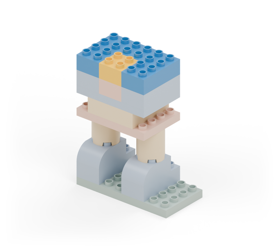 Add a second body layer with six square bricks. Put a yellow brick at the front middle, directly above the orange button, and blue bricks in the other five places. New additions are shown in their original colours; earlier pieces are lighter.