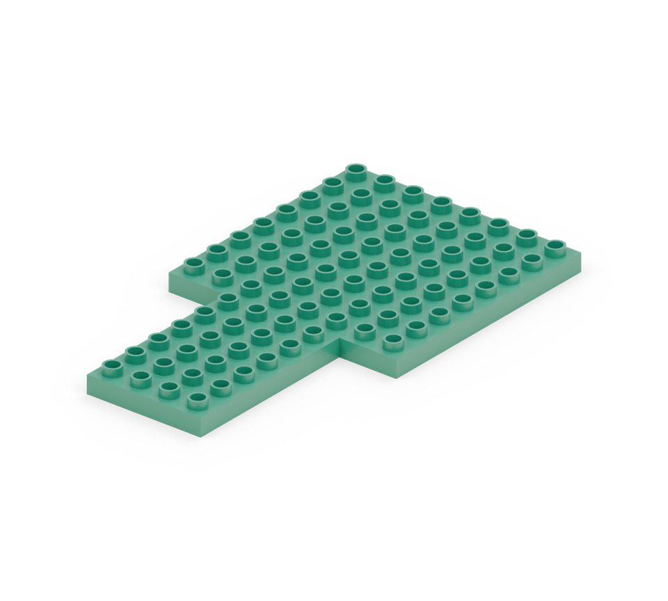 Lay two green four-by-eight base plates side by side. Centre a green wide plate in front of them for the porch.