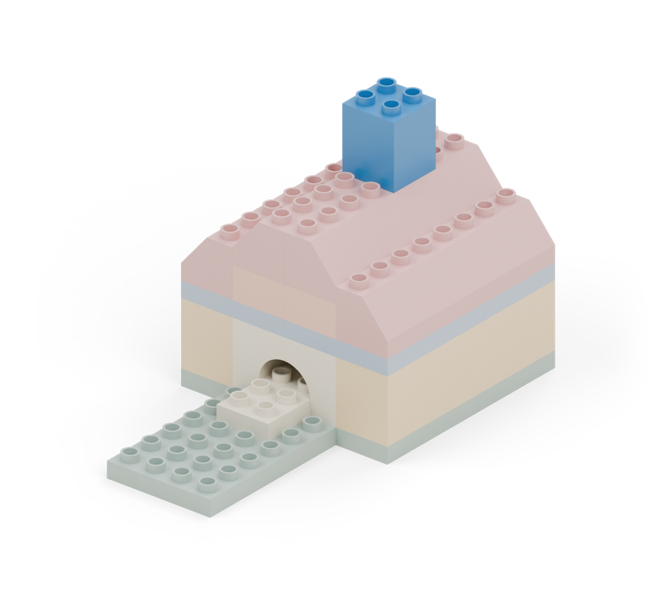 Stack two blue square bricks across the roof ridge near the back to make the chimney.