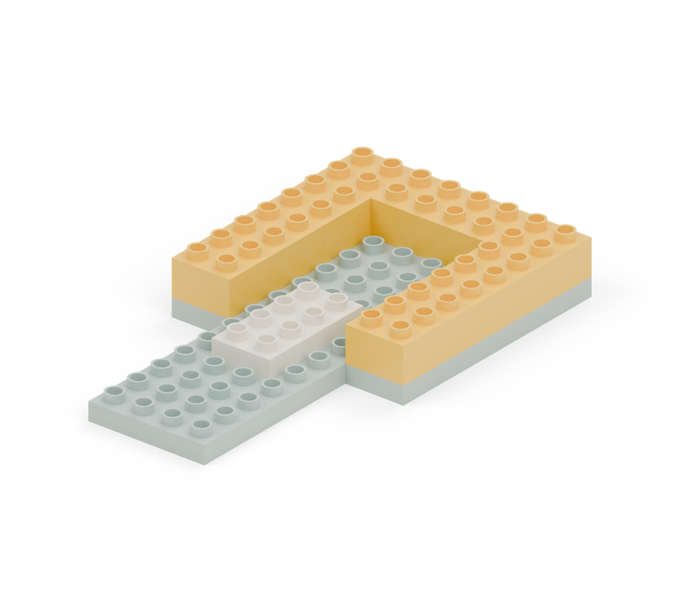 Build the yellow side walls with four square bricks on each side. Join them across the back with a long brick.