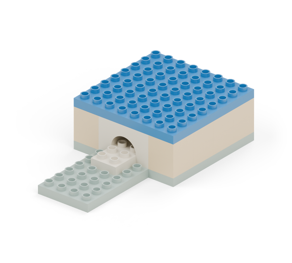 Cover the house with two blue base plates, side by side, to form the roof deck.