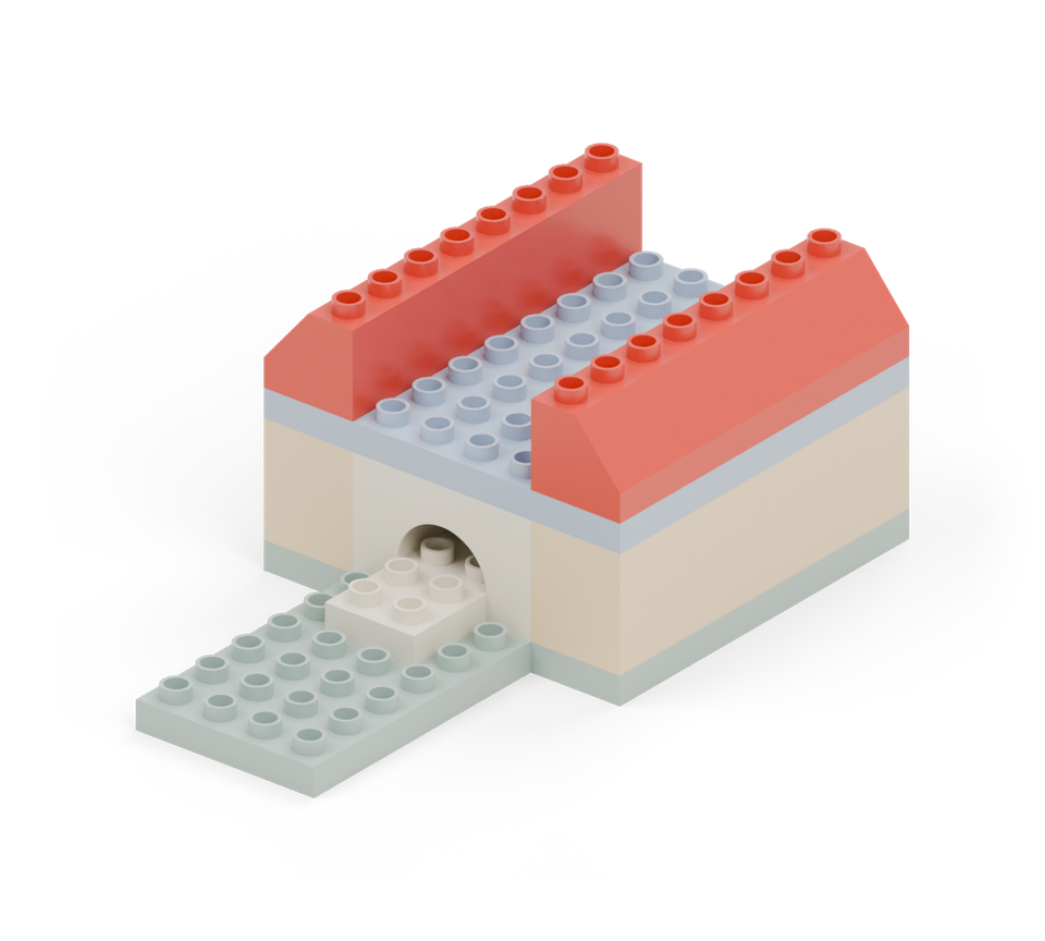 Start the red roof with four slopes along each outside edge. Point the low ends outward, away from the centre.