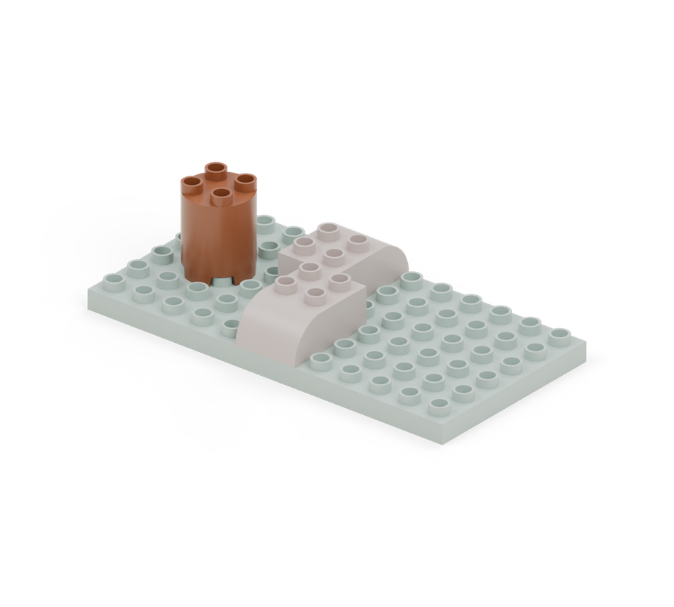 Step 3: Put a brown round tower near the left end, leaving one clear column at the left and two clear rows at the front and back.