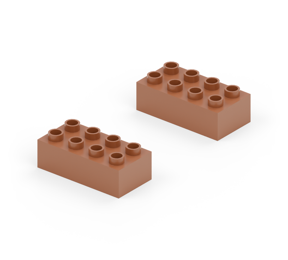 Set two brown 2 × 4 bricks across the table, parallel to one another. Leave four clear rows of studs between them.