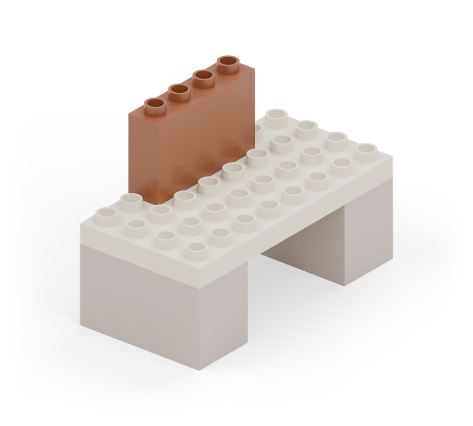 Make the left rail with two brown 1 × 2 double-height wall bricks, end to end on the outside column. Leave two rows clear at each end of the deck.