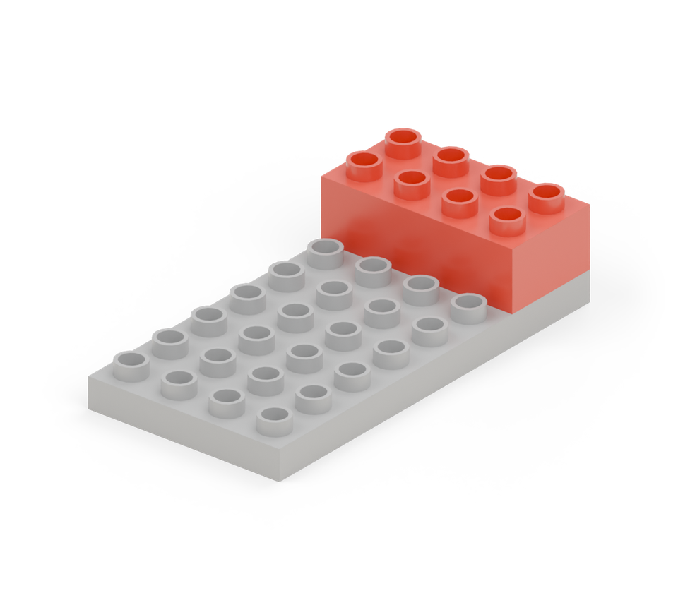 Put a red 2 × 4 brick across the far two rows of the plate for the stern. New additions are shown in their original colours; earlier pieces are lighter.