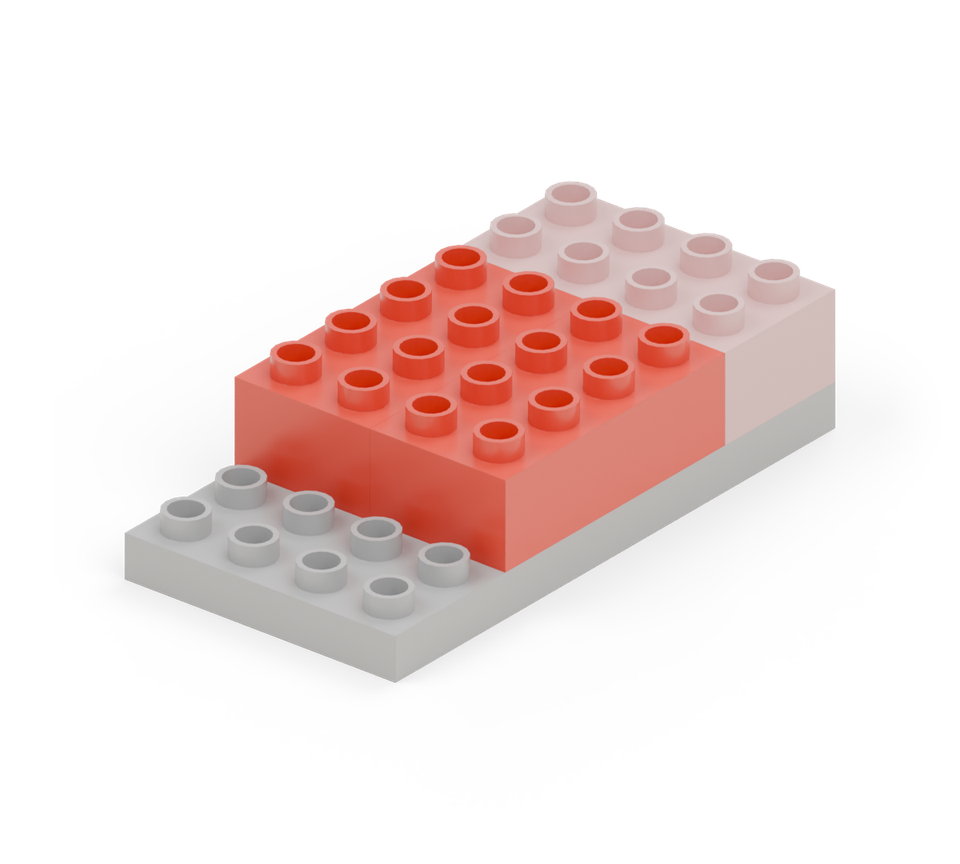 Put two red 2 × 4 bricks side by side on the middle four rows. Their long edges run from back to front. New additions are shown in their original colours; earlier pieces are lighter.
