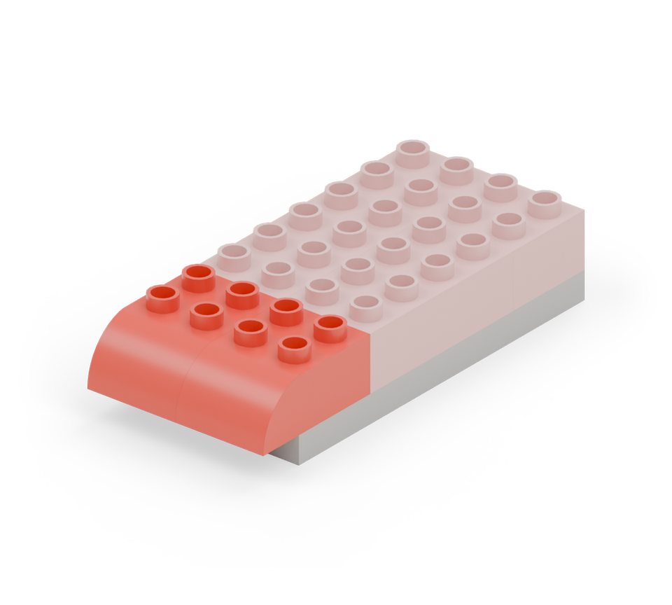 Add two red curved bricks side by side at the near end. Point their rounded ends forwards, overhanging the black base by one row. New additions are shown in their original colours; earlier pieces are lighter.