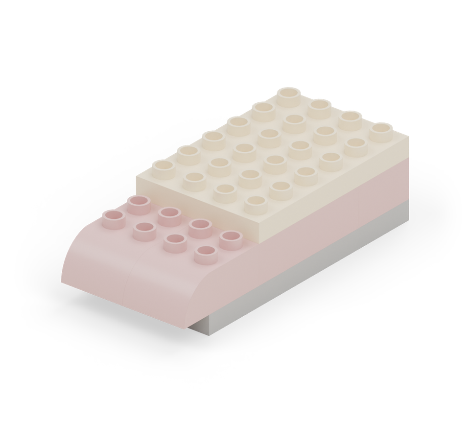 Cover the rear six rows with the cream 4 × 6 plate. Leave the rounded red bow visible. New additions are shown in their original colours; earlier pieces are lighter.