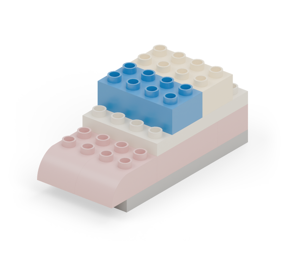 Put a cream 2 × 4 brick across the deck, one row in from the back. Put a blue 2 × 4 brick directly in front of it for the wheelhouse windows. New additions are shown in their original colours; earlier pieces are lighter.