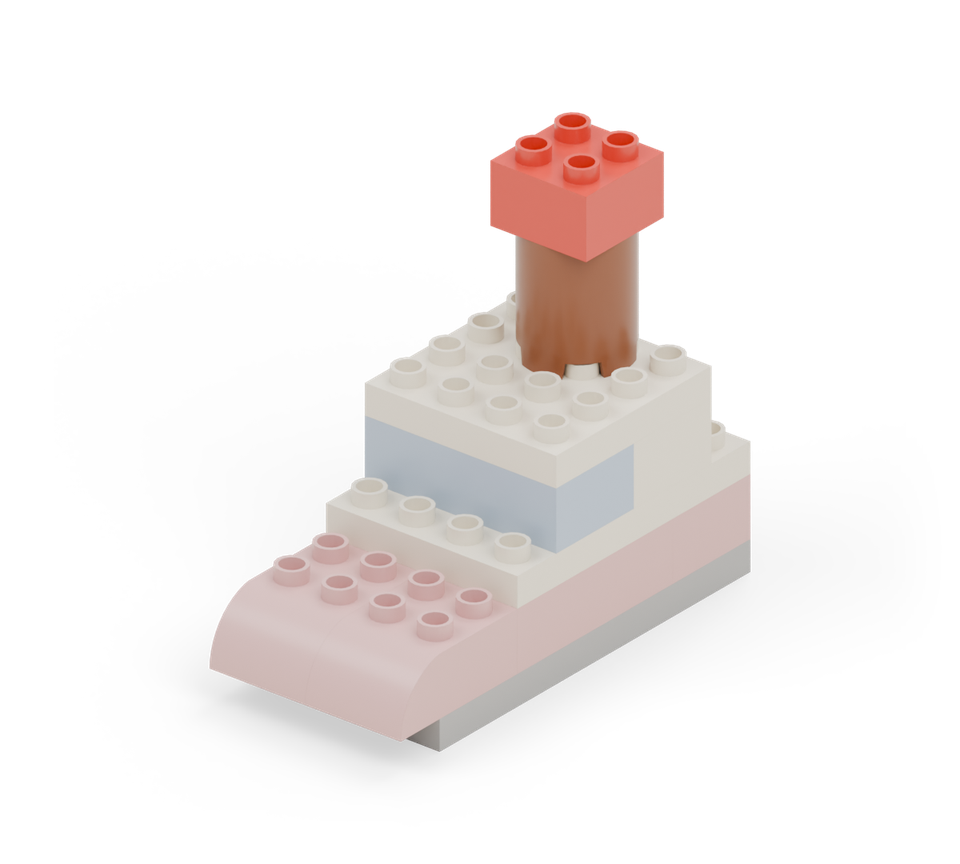 Stand the brown round tower on the back half of the roof, centred across it. Add the red square brick on top as the funnel cap. New additions are shown in their original colours; earlier pieces are lighter.
