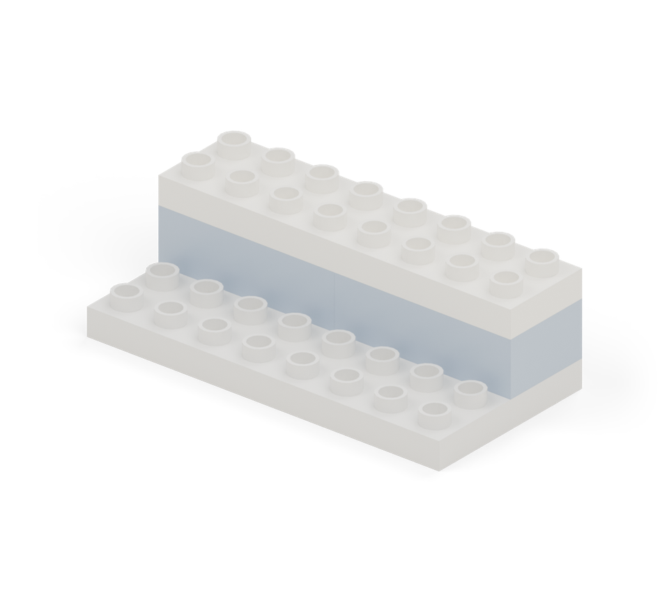 Join the back wall with a white 2 × 8 plate, its edges lined up with the blue bricks. New additions are shown in their original colours; earlier pieces are lighter.