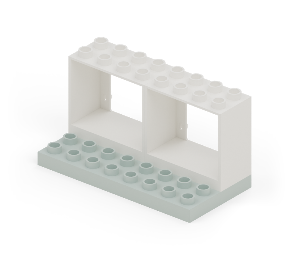Place two white window frames side by side along the back. Point their hinge details away from the counter. New additions are shown in their original colours; earlier pieces are lighter.
