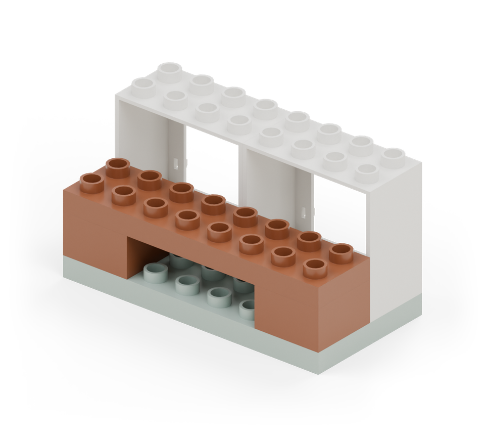 Put a brown square at each front corner. Bridge them with the brown long plate to make an open counter. New additions are shown in their original colours; earlier pieces are lighter.