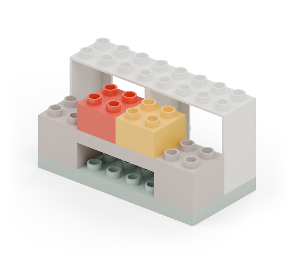 Place a red square and a yellow square in the middle of the counter as display blocks. New additions are shown in their original colours; earlier pieces are lighter.