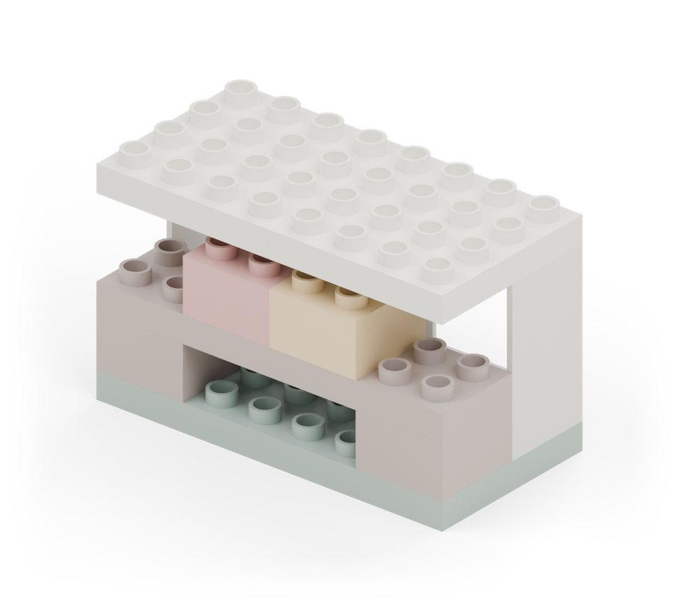 Roof the stall with two white square plates above the frames. Their front halves overhang the counter. New additions are shown in their original colours; earlier pieces are lighter.