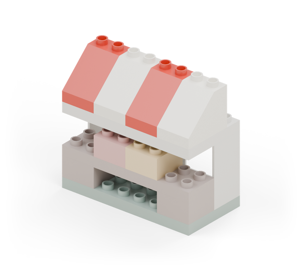 Add four tall roof slopes across the canopy, alternating red and white. Leave the back row of roof studs showing and point all low ends toward the front. New additions are shown in their original colours; earlier pieces are lighter.