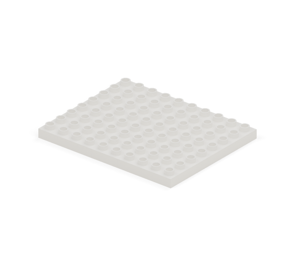 Lay two white 4 × 8 plates with a white 2 × 8 plate between them. Line up their back and front edges to make a floor ten columns wide and eight rows deep. New additions are shown in their original colours; earlier pieces are lighter.