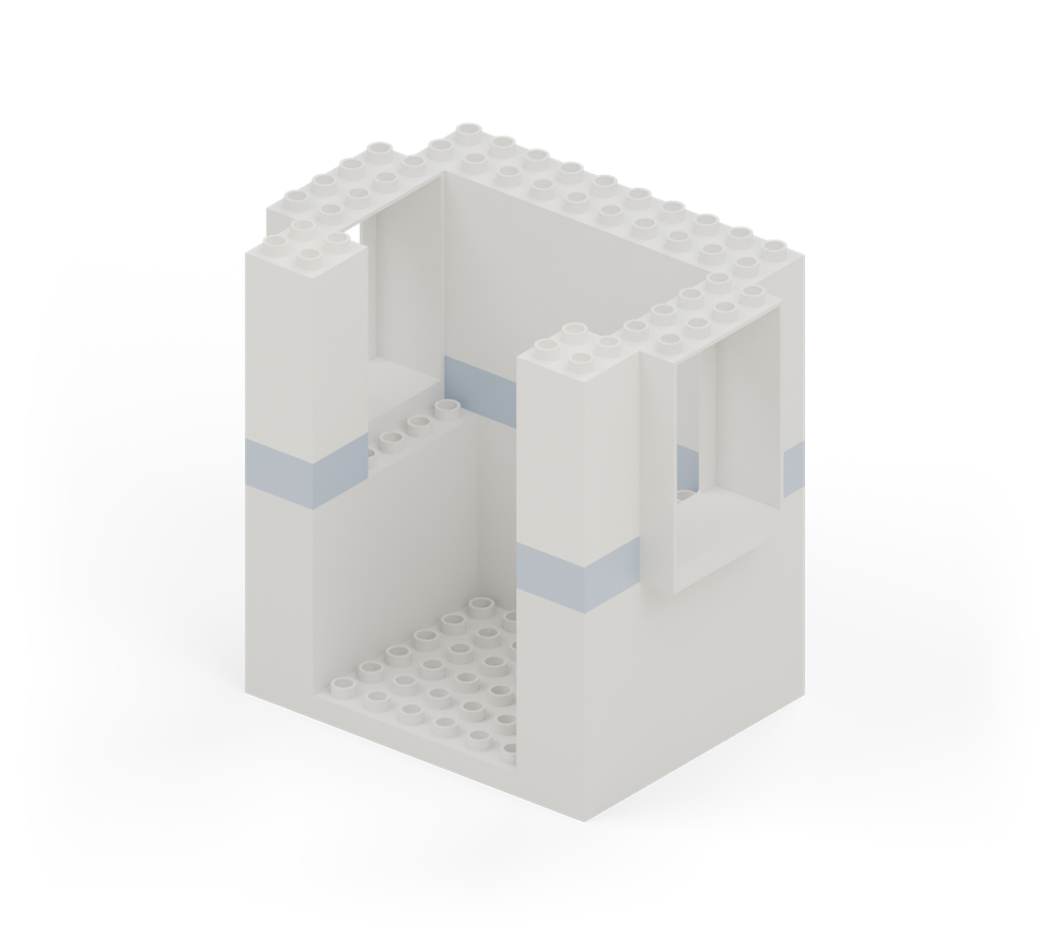 Add two more white double-height squares above each blue square. Their tops line up with the back wall and windows. New additions are shown in their original colours; earlier pieces are lighter.